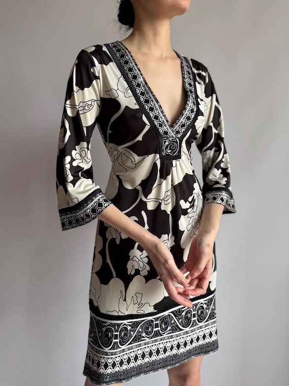 Vintage Hale Bob Silk Jersey Dress: Y2K Black White Floral Mini Boho Print (XS)