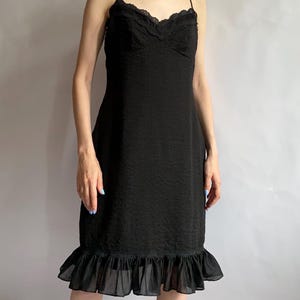 90s BCBG Max Azria Black Cotton Slip Dress: Lace Trim Ruffle Hem, Small