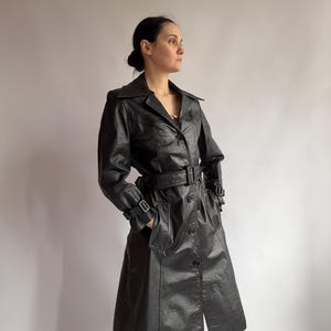 Vintage black leather trench coat/ 1970s leather coat/ small size
