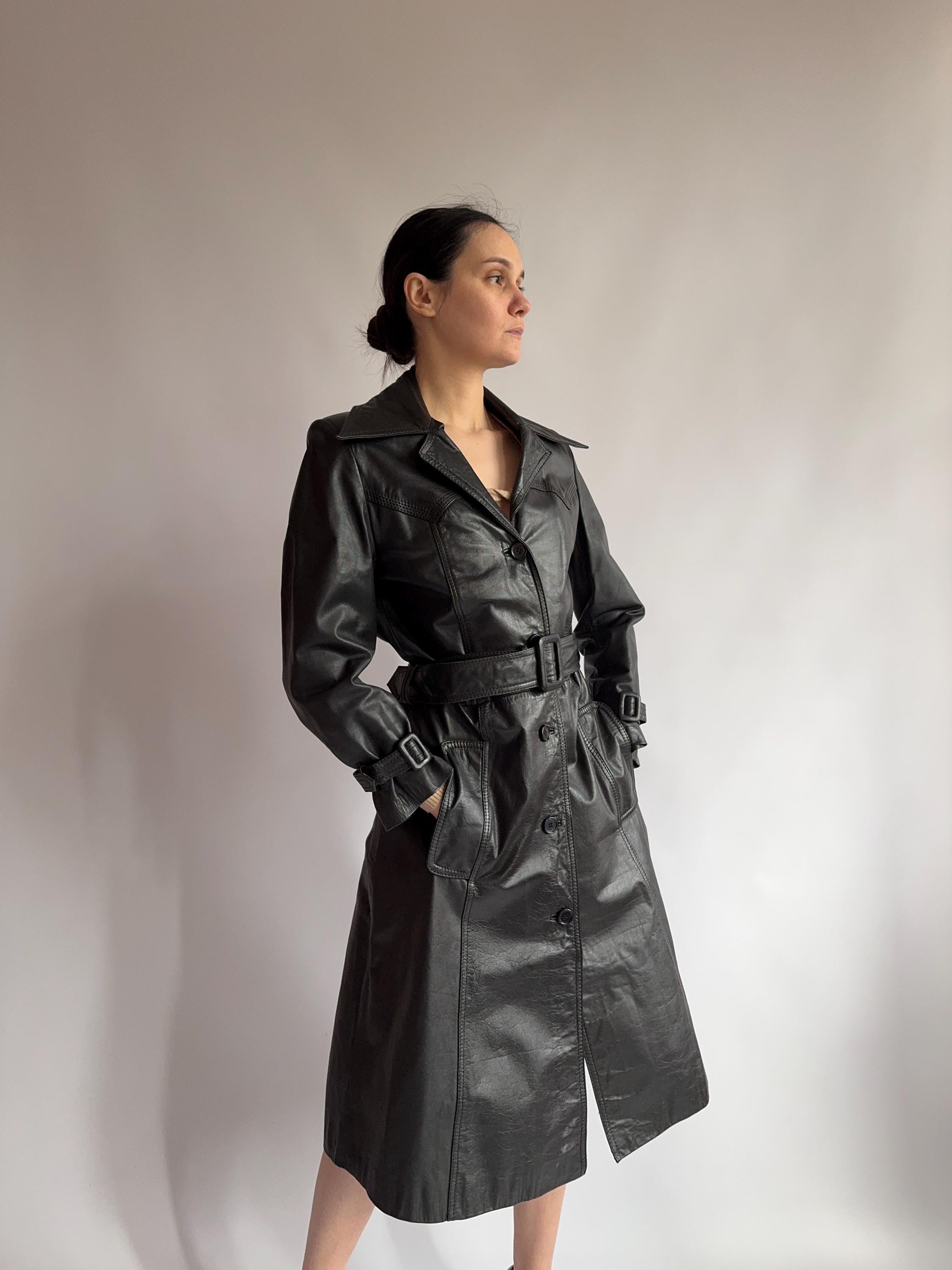 【70s】Euro Vintage All Leather TrenchCoat Vintage 70 Brown Leather Trench Coat for Women Long Belted