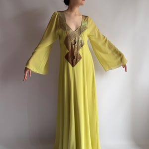 Documented vintage couture silk dress by Edor Création Paris/ runway piece - chartreuse yellow with rhinestone detail/ small size