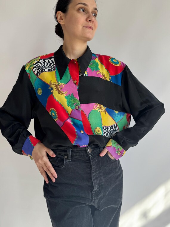 Vintage patchwork shirt 1990s/ black statement blouse/ retro oversized shirt/ large size