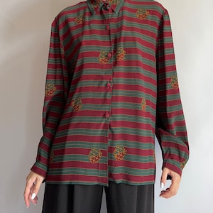 Vintage silk shirt with heraldic symbols/ 1980s/ silk/ medium large