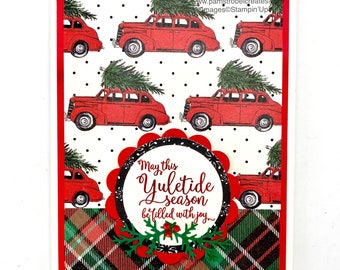 Christmas Tree truck handmade card, Stampin’Up, Christmas Trees, Yuletide greetings, traditional plaid, red and green Christmas