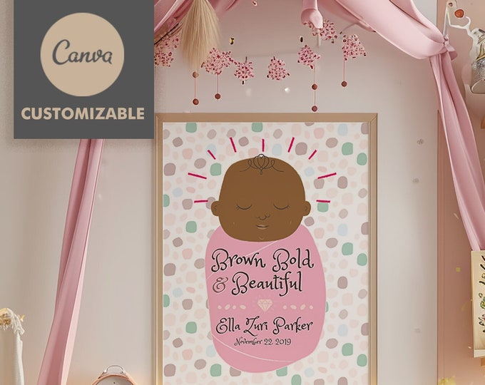 Baby Announcement Digital Template, Personalized Girl Birth Announcement, Wall Artwork, Black Baby Decor | "Brown, Bold and Beautiful"