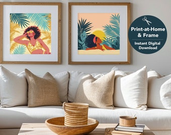 Set of Summer Coastal Black Art, Stylish Woman Digital Art - "Sunkissed" - Digital Download, Coastal Wall Art, Summer Wall Art