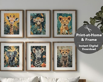 Set of 6 Animal Nursery, Black Nursery Print, Bedroom Nursery Decor, Safari Animal Art | "Patchwork African Animals"