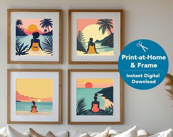 Set of 4 Summer Coastal Black Art, Stylish Woman Digital Art - "By the Shore" - Digital Download, Coastal Wall Art, Summer Wall Art