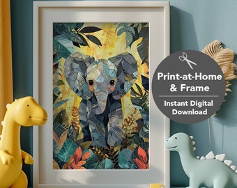 Elephant Safari Animal, Nursery Print, Bedroom Nursery Decor, Animal Artwork, Forest Theme Art, Digital Print | "Patchwork Elephant Animals"