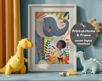 Cute Safari Elephant, Nursery Print, Print for Bedroom Nursery Decor, Baby Room Art, Digital Art, Black Kid Art | "My Friend the Elephant"