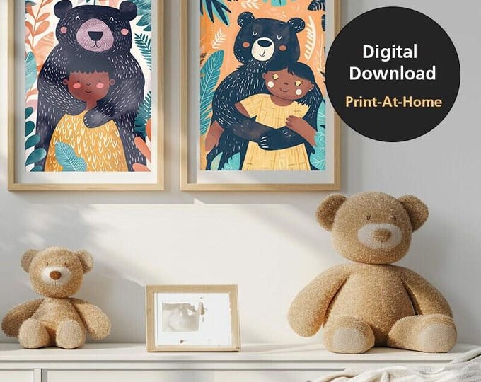 Set of 2 Afrocentric Black Nursery Print, Print for Bedroom Nursery Wall Decor, Girls Wall Art, Digital Art | "Beary Good Friend"