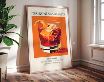 Negroni Sbagliato Poster - Retro Drink Ingredients - Framed Wall Art - Handmade Oak or Ash Frame