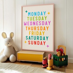Poster per la cameretta dei bambini con i giorni della settimana - Incorniciato e pronto da appendere - Decorazione per la cameretta dei bambini - Stampa artistica educativa