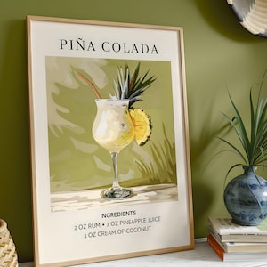 Póster de ingredientes del cóctel Piña Colada - Arte de bar enmarcado - Regalo perfecto para los amantes de los cócteles