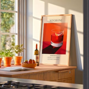 Poster incorniciato del cocktail retrò Negroni - Arte da bar montata - Decorazione murale unica - Regalo fatto a mano per baristi