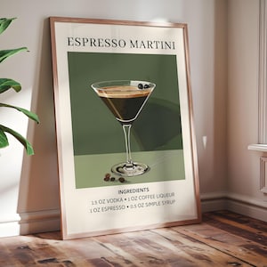 Póster vintage con ingredientes de Espresso Martini: arte mural enmarcado para amantes de los cócteles