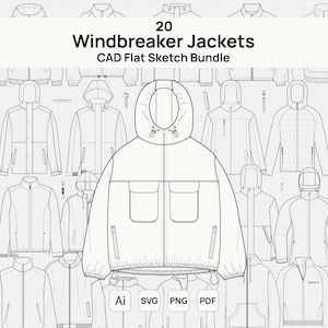 Peut inclure: Une collection numérique de 20 vestes coupe-vent sous forme de croquis techniques CAO. Le modèle central présente une veste à capuche avec fermeture éclair, deux poches poitrine et un ourlet à cordon. Labels de fichiers Ai, SVG, PNG, PDF.