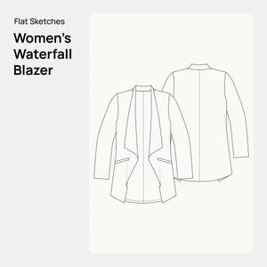 May include: Flat sketch of a waterfall blazer. The front view shows an open-front design with a draped collar and two pockets. The back view shows a simple, tailored silhouette. Text on the left reads "Women's Waterfall Blazer".
