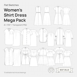 Könnte beinhalten: Schwarz-weiße Flat-Sketches von Damen-Hemdkleidern. Das Bild zeigt verschiedene Kleiderstile mit dem Text "Women's Shirt Dress Mega Pack" und "Best Value".