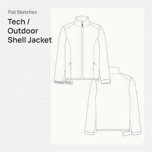 May include: Flat sketch of a Tech / Outdoor Shell Jacket. The jacket is shown in front and back views. It features a high collar, a full-length zip, and two front pockets. The cuffs and hem have a ribbed design.