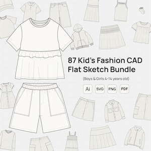 May include: A digital collection of 87 kid's fashion CAD flat sketches for ages 4-14, featuring black and white line drawings of shirts, shorts, skirts, and jackets. The text reads 87 Kid's Fashion CAD Flat Sketch Bundle, Boys & Girls 4-14 years old, Ai, SVG, PNG, PDF.