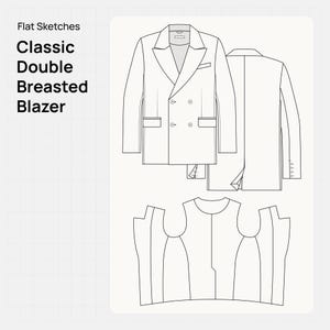 May include: Flat sketches of a classic double-breasted blazer. The image shows the front, back, and pattern pieces of the blazer. The blazer has a notched lapel, two rows of buttons, and pockets. The text "Classic Double Breasted Blazer" is in the upper left corner.