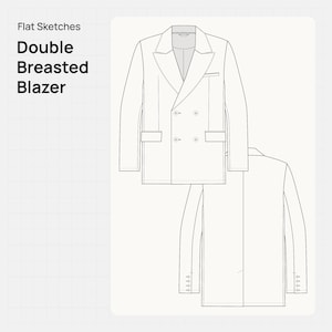 May include: Flat sketch of a double-breasted blazer. The blazer is shown in a front and back view. The front view shows a notched lapel, two rows of buttons, and two front pockets. The back view shows the back of the blazer with buttons on the sleeves.