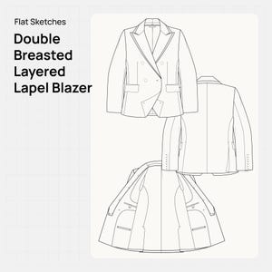 Puede incluir: Bocetos planos de una blazer de doble botonadura y solapa superpuesta. La imagen muestra las vistas frontal, trasera e interior de la blazer. La blazer tiene un diseño clásico con solapa de muesca y múltiples bolsillos. El texto "Flat Sketches" y "Double Breasted Layered Lapel Blazer" está en la esquina superior izquierda.