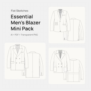 May include: Flat sketches of blazers in a mini pack. The image shows front and back views of several blazer designs, including single-breasted and double-breasted styles. Text on the image reads "Essential Men's Blazer Mini Pack" and "AI + PDF + Transparent PNG."