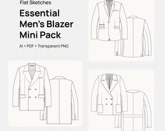 Men's Tailored Blazer Flat Sketch Bundle for Fashion Design Tech Pack, Double Breasted Jacket Vector CAD Technical Drawings Mockup