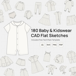 May include: A selection of white baby and kidswear CAD flat sketches, including dresses, shirts, onesies, and trousers. The image features the text "180 Baby & Kidswear CAD Flat Sketches" and file type icons.