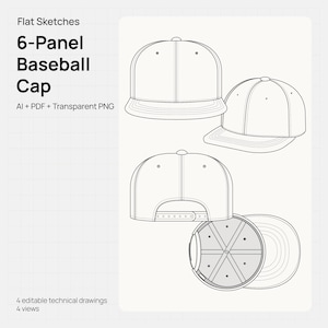 Pode incluir: Desenhos técnicos de um boné de beisebol de 6 painéis em várias vistas. A imagem inclui perspectivas frontal, lateral, traseira e superior, com fecho ajustável de encaixe. O texto na imagem diz "Flat Sketches" e "6-Panel Baseball Cap".