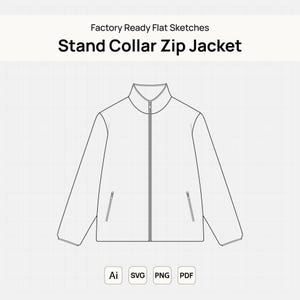 May include: A flat sketch of a stand collar zip jacket in black and white. The jacket has a stand-up collar, a full-length zipper, and two front pockets. The text "Factory Ready Flat Sketches" and "Stand Collar Zip Jacket" are at the top.