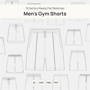 Puede incluir: Dibujos técnicos de shorts de gimnasia para hombre en varios estilos. La imagen incluye bocetos planos de shorts con diferentes diseños de bolsillos, cinturillas y cordones. El texto en la parte superior dice "15 Factory Ready Flat Sketches Men's Gym Shorts."