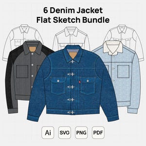 Może przedstawiać: Cyfrowa kolekcja zatytułowana 6 Denim Jacket Flat Sketch Bundle, przedstawiająca różne projekty kurtek dżinsowych w kolorze niebieskim, szarym oraz w formie białych rysunków liniowych. Ilustracje obejmują kurtki z metalowymi zapięciami, kieszeniami na piersi i kołnierzami na tle w kratkę.