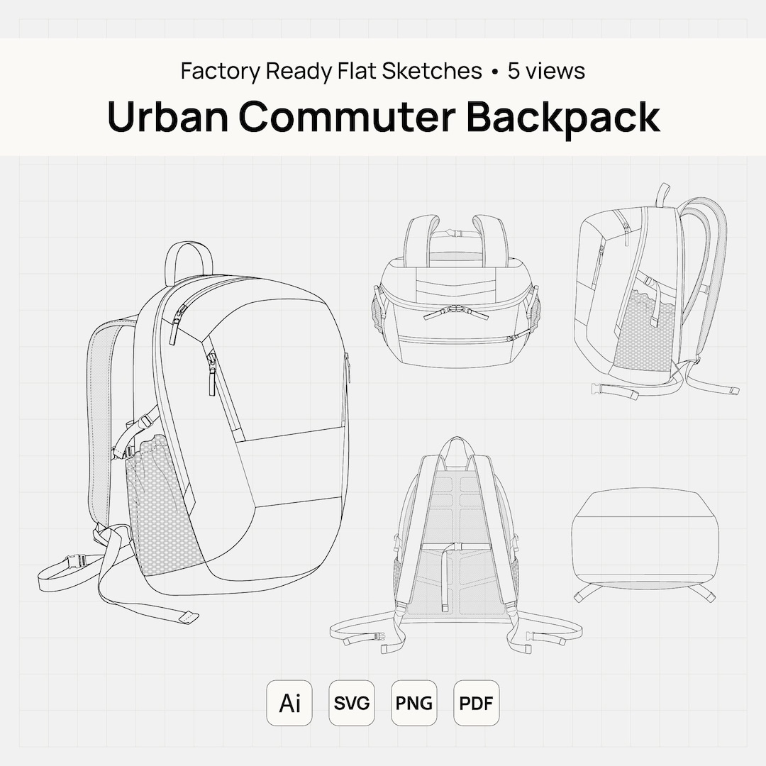 Urban Commuter Backpack CAD Flat Sketch, Adobe Illustrator Tech Pack ...