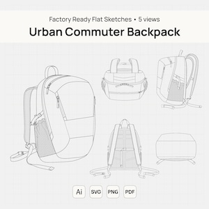 Schizzo CAD piatto per zaino da pendolare urbano, design pronto per il pacchetto tecnico di Adobe Illustrator