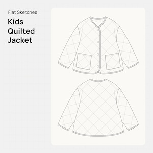 Könnte beinhalten: Flache Skizze einer Steppjacke für Kinder. Die Jacke hat einen runden Kragen, zwei Vordertaschen und Knopfverschlüsse. Der Entwurf wird von vorne und hinten gezeigt, mit einer Rautensteppung.
