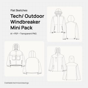 Puede incluir: Ilustración digital de un Mini Pack cortavientos Tech/Outdoor. La imagen presenta vistas frontal y posterior de diseños de cortavientos con capuchas, bolsillos y cremalleras. El texto incluye "Flat Sketches" y "3 editable technical drawings."