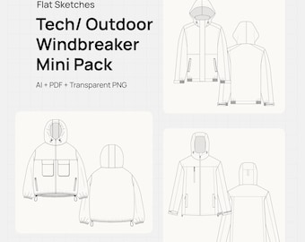 Pode incluir: Ilustração digital de um Mini Pack corta-vento Tech/Outdoor. A imagem apresenta vistas frontal e posterior de designs de corta-ventos com capuzes, bolsos e zíperes. O texto inclui "Flat Sketches" e "3 editable technical drawings."