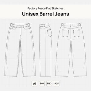 Barrel Jeans Flat Sketch | Balloon Denim Pants Technical Drawing | Wide leg Trousers Vector Template CAD