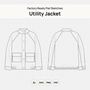 May include: A flat sketch of a utility jacket, front and back views, in black and white. The jacket has a stand-up collar, button closure, two front pockets, and a gathered hem. Text at the top reads "Factory Ready Flat Sketches Utility Jacket."