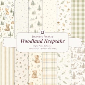 Può includere: Una collezione di 12 motivi di carta digitale senza cuciture intitolata Woodland Keepsake, con illustrazioni ad acquerello di orsi, volpi, cervi, pini, funghi e fogliame in toni neutri, con disegni a quadri e a righe di 4000x4000 px.