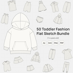 May include: A set of 50 toddler fashion flat sketches, featuring various clothing items such as hoodies, shirts, trousers, and skirts. The image includes the text "50 Toddler Fashion Flat Sketch Bundle (1-4 years old)" and file type icons for Ai, SVG, PNG, and PDF.