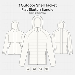 Outdoor Windbreaker Jacket Flat Sketch Bundle | Fashion CAD Flats | Shell Jacket Vector Template | Ai SVG PNG Pdf | Tech Pack Drawing