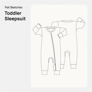 May include: Flat sketch of a toddler sleepsuit. The front view shows a full-body garment with a diagonal zipper, long sleeves, and ribbed cuffs. The back view of the sleepsuit is also visible. The text "Flat Sketches" and "Toddler Sleepsuit" are at the top.