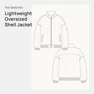 Może przedstawiać: Płaski szkic lekkiej, powiększonej kurtki typu shell. Kurtka pokazana jest z przodu i z tyłu, z zapięciem na zamek błyskawiczny, kieszeniami oraz prążkowanymi mankietami i dołem. Wyświetlany jest tekst "Lightweight Oversized Shell Jacket".