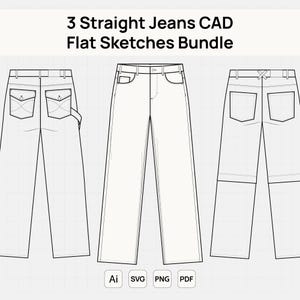 Pacote com 3 esboços planos de calças jeans retas em CAD para pacote técnico de moda | Desenho técnico de jeans | Mockup vetorial de roupas, Ai SVG Pdf PNG