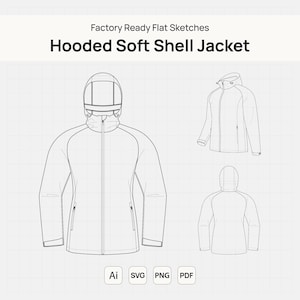 May include: Flat sketches of a hooded soft shell jacket. The design is shown in front, side, and back views. The jacket has a full-length zipper, a hood, and pockets. The text "Factory Ready Flat Sketches" and "Hooded Soft Shell Jacket" are at the top.