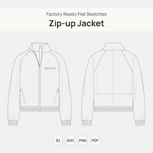 Può includere: Disegno tecnico di una giacca con zip, vista frontale e posteriore. Colletto alto, chiusura con zip, tasche e dettagli a coste. Testo "Factory Ready Flat Sketches" e "Zip-up Jacket" in alto. Icone dei tipi di file in basso.